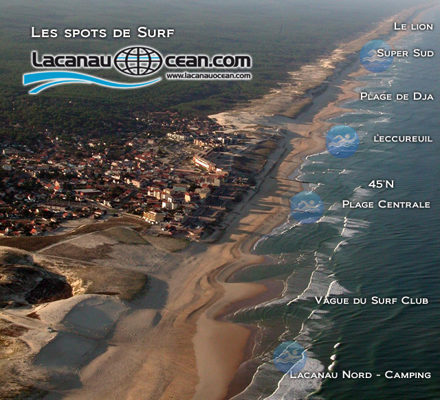 Localisation des diff&eacute;rents spots de surf de Lacanau Oc&eacute;an